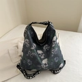 Skull and floral print nylon shoulder bag with black and white LOVE strap - Green