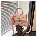 Detail of pink corduroy mini bag with strawberry embroidery and metal twist lock - Pink (Strawberry)