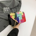 Colorful plaid small square bag with gold chain strap and black flap for women - Black