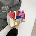 Colorful geometric block patterned crossbody bag with gold chain and metal trim - White