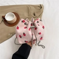 Pink corduroy bucket bag with strawberry pattern and elegant pearl drawstring - Pink