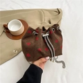 Brown corduroy bucket bag with strawberry pattern and pearl chain strap - Brown