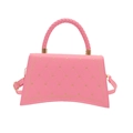 Pink studded hourglass handbag with heart embroidery and detachable shoulder strap - Pink