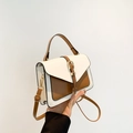 Retro contrast color small square bag in brown and white PU leather with adjustable strap - Brown