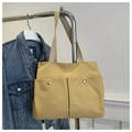 Große gelbe Canvas-Einkaufstasche mit doppelten Vordertaschen und silbernen Knöpfen - Khaki