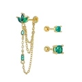 Gold stainless steel earring set featuring emerald zircon leaf chain and stud designs - Gold Emerald Green Leaf Chain Tassel Set (TZ00393)