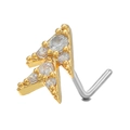 Close-up of golden L-shaped nose stud with sparkling arrow-shaped cubic zirconia - Christmas Tree Style (BD00421) / Gold