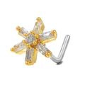 L-shaped gold nose stud featuring a micro-set cubic zirconia flower design - Six-Petal Flower (BD00685) / Gold