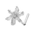 Silver snowflake nose stud with cubic zirconia and L-shaped stainless steel post - Snowflake Shape (BD00685) / White Gold