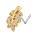 Gold leaf nose stud with zircon stones and stainless steel L-shaped bar piercing - Leaf Shape (BD00470)