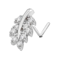 Elegant silver L-shaped nose stud featuring a micro-set zircon leaf design in stainless steel - Blade Shape (BD00470)