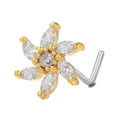 L-shaped stainless steel nose stud featuring a gold floral design with marquise zircon - Six-Petal Floral (BD00396)