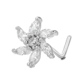 L-shaped stainless steel nose stud featuring a sparkling silver zircon flower design - Flower Shape (BD00396)