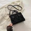 Black denim crossbody bag with raw edges and white contrast stitching diamond pattern - Black