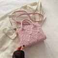 Pink denim fringe crossbody bag with textured rhombic patterns and gold hardware - Pink