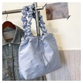 Light blue pleated tote bag with sparkling rhinestones and drawstring closure for women - Blue