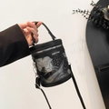Bolso cubo negro de moda con bordado de mariposa y correa de cuero con asa superior - Negro Plata