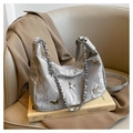 Silver-grey wrinkled metallic handbag with 3D metal butterflies and chain strap - Silver