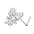 L-shaped silver stainless steel nose stud featuring a crystal butterfly bow design - Bow Style (BD00109) / Silver