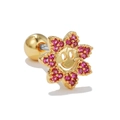 Pendiente de flor dorada con cristales rosas y centro de carita sonriente con rosca - Estilo Cara Sonriente Flor Roja (EGD0147) / Dorado
