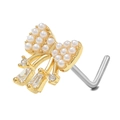 L-shaped gold nose stud featuring a pearl butterfly bow and hanging crystal charms - Bow Style (BD00109) / Gold