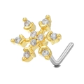 L-shaped stainless steel nose stud featuring a gold-plated snowflake and white zircon - Snowflake Style (BD00500) / Gold