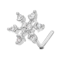 L-shaped stainless steel nose stud featuring a delicate snowflake design with clear cubic zirconia - Snowflake Style (BD00500) / Silver