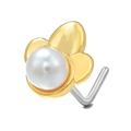 Elegant L-shaped nose stud featuring a white pearl and golden flower petal base design - Flower Artificial Pearl Style (BD00339) / Gold