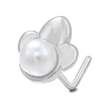 Silver flower nose stud with central white pearl inlay and L-shaped hook design - Flower Artificial Pearl Style (BD00339) / Silver