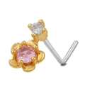 L-förmiger goldener Nasenstecker mit rosa Zirkonia-Blume und funkelnden Kristallakzenten - Exquisite Blume (BD00447) / Gold