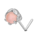 Piercing naso a L in acciaio inox con opale rosa e montatura a foglia - Pietra Rotonda Rosa (BD00323) / Argento