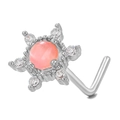 Piercing naso a L in acciaio con opale rosa e contorno di zirconi cubici trasparenti - Fiore Stellato (BD00527) / Argento