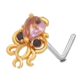 Piercing al naso a forma di polpo dorato a L con cristallo rosa e zircone nero - Polpo Carino (BD00319) / Oro