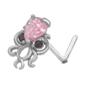 Piercing naso a L a forma di polpo con zircone rosa e piccoli occhi rossi in argento - Polpo Carino (BD00319) / Argento