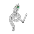 L-shaped silver snake nose stud with white cubic zirconia and green gemstone eyes - Zirconia Snake Shape Silver (BD00150)