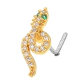 L-shaped gold snake nose stud with white pavé zircons and green gemstone eyes - Zirconia Snake Shape Gold (BD00150)