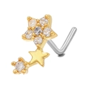 L-shaped stainless steel nose stud with a gold and silver triple star pavé design - Meteor Triple Star Shape Gold (BD00510)
