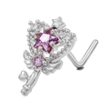 L-shaped silver nose stud with star-shaped pink gem and wing design details - Star Magic Wand Shape Silver (BD00589)