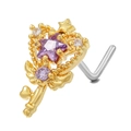 Gold L-shaped nose stud with purple star gem and white stones for piercings - Star Magic Wand Shape Gold (BD00589)