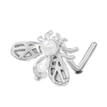 L-shaped silver nose stud featuring a bee design with white pearl and sparkling zircon - Pearl Honey Bee Shape Silver (BD00629)
