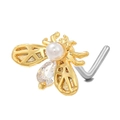 Gold bee L-shaped nose stud with white pearl and sparkling zircon teardrop accent - Pearl Honey Bee Shape Gold (BD00629)