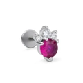 Flat back labret stud featuring a vibrant pink round stone and fan-shaped white zircons - Red Main Stone Cluster Style (CD00743) / Silver