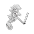 Seahorse-shaped L-shaped nose stud with white pearl and sparkling crystals in silver finish - Pearl Seahorse Shape Silver (BD00637)