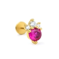 Flat back stud in gold finish with rose red gemstone and white zircon clusters - Red Main Stone Cluster Style (CD00743) / Gold