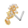 L-shaped gold seahorse nose stud with white pearls and clear cubic zirconia stones - Pearl Seahorse Shape Gold (BD00637)