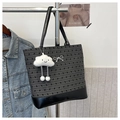 Detail of grey striped tote bag with plush cloud charm and silver bow accent - Grey Striped Bow (Without Pendant)