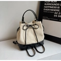 Minimalist beige canvas bucket bag with black leather base and drawstring closure - Rice White (No Pendant)