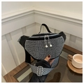 Detail of black belt bag with sparkling rhinestones and geometric pattern wide strap - Silver