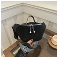 Detail of black crescent chest bag featuring shimmering rhinestones and pearl zipper pull - Black