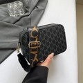 Black monogram crossbody camera bag with adjustable wide artistic patterned strap - Black